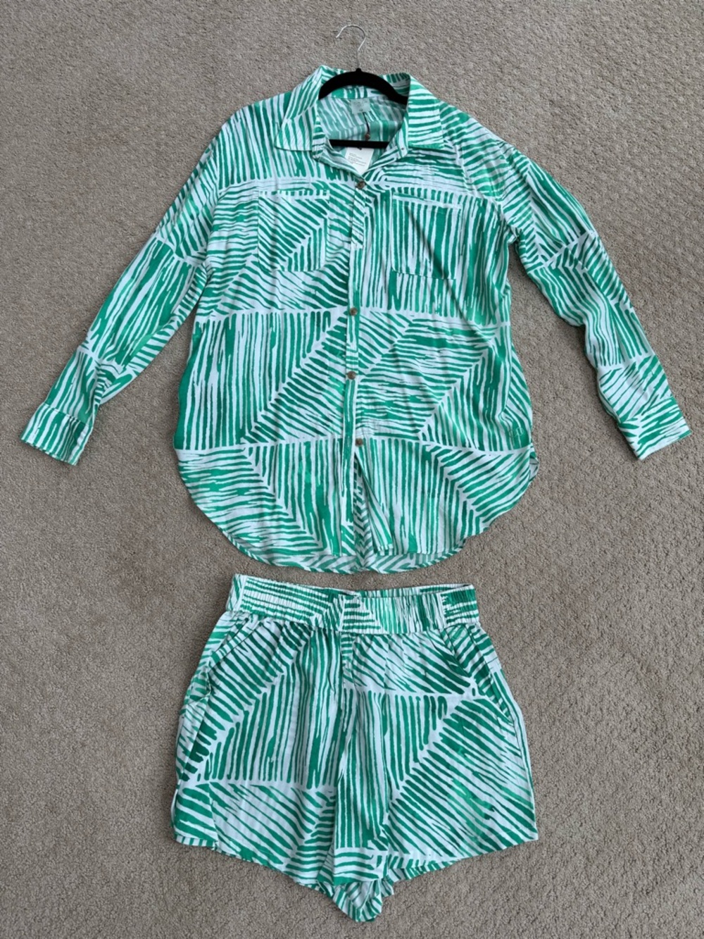 Calia Green Palm Print Set Button Down Shirt & Shorts Matching Set Size M NWT